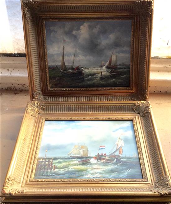 R. Bellings, a pair of oils on panel, fishing boats off the coast